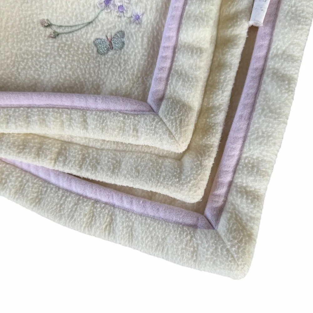 Y2K Fleece Baby Blanket Embroidered Butterflies Flowers Yellow Purple Pink 29x39